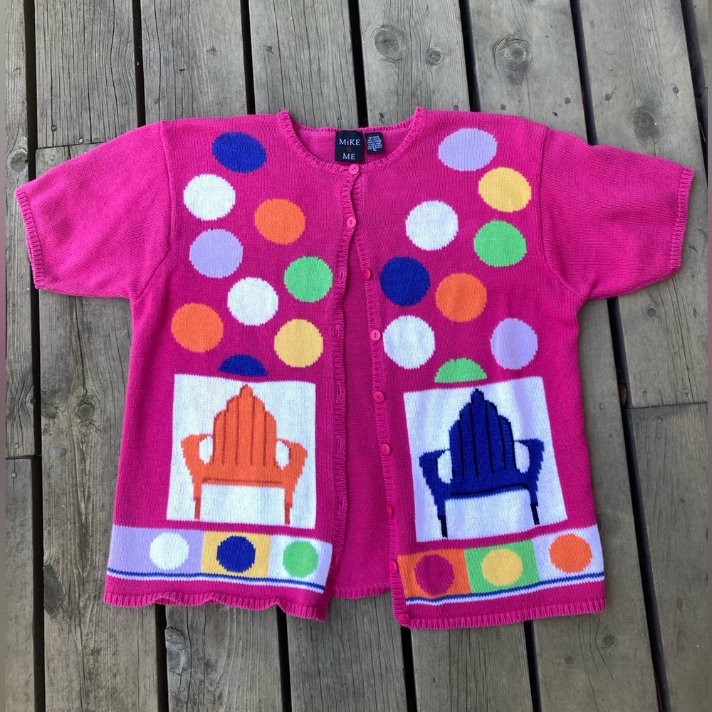 MIKE & ME Sweater Short Sleeve Cardigan Handmade Pink Blue Colorful Size XL